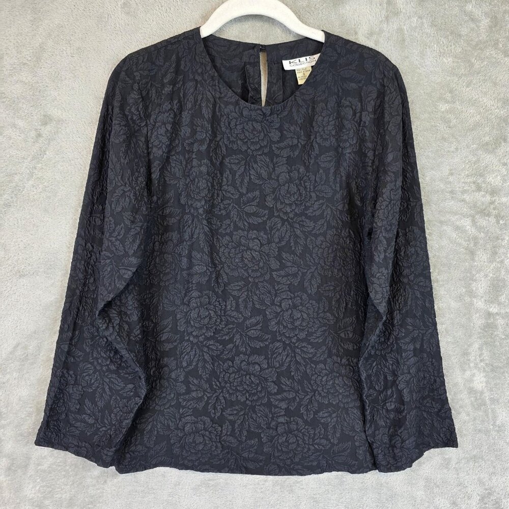 KLIS Collection Blouse Womens Small Black 100% Silk Floral Jacquard Long Sleeve